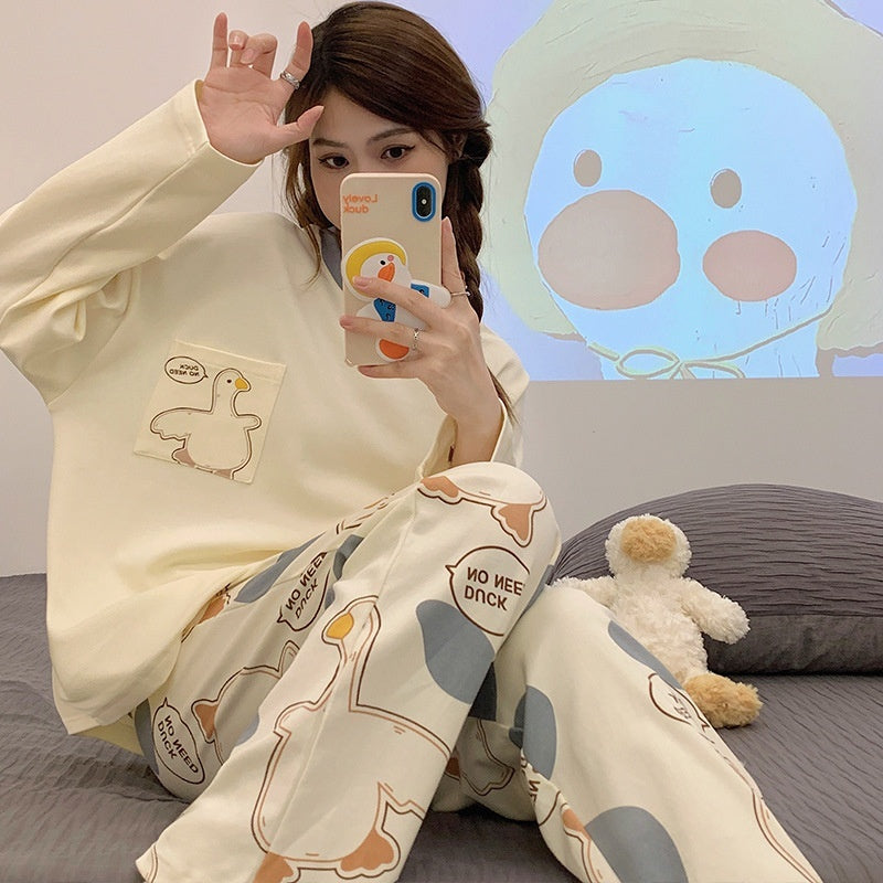 Cartoon Loose And Cute Long-sleeved Pajamas For Women Spring Autumn Set Casual Homewear Outerwear - Onouthati