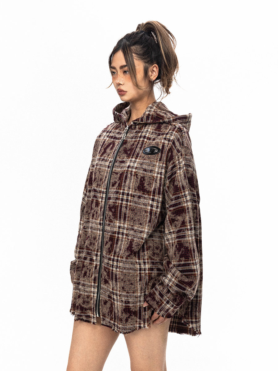 Retro Plaid Hooded Zip Jacket - Onouthati