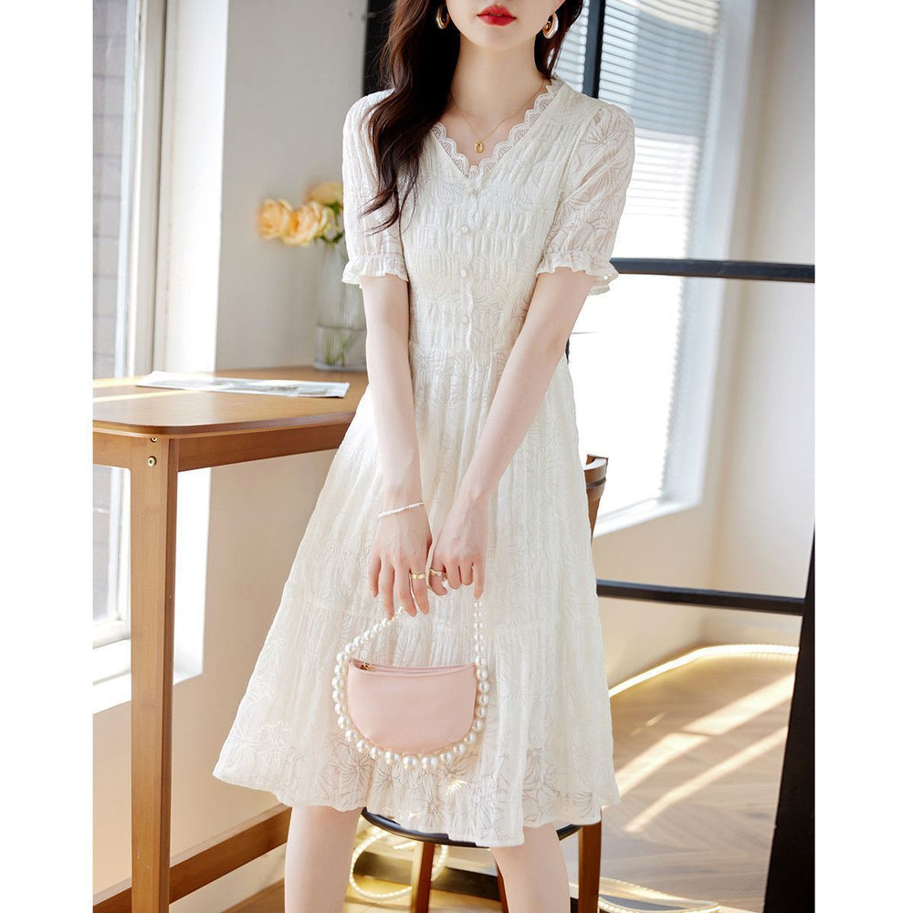 Fairy Style V-neck Lace Stitching Dress Women - Onouthati