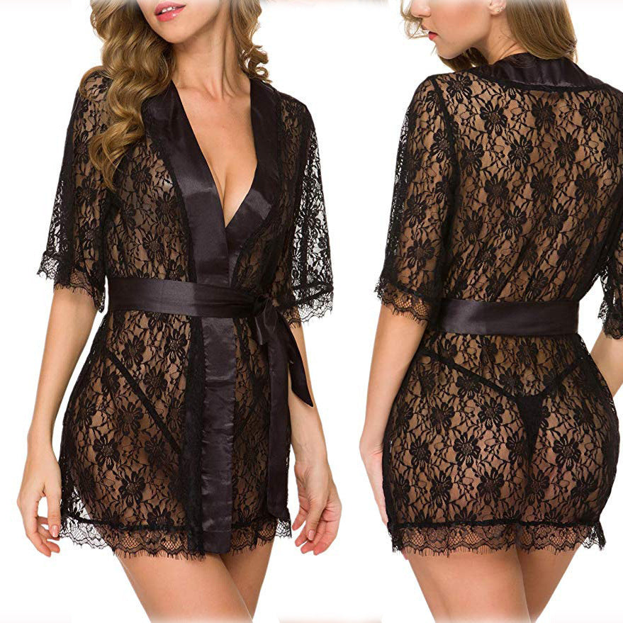 Lingerie Women Lace Hollow-out Robe Suits Pajamas - Onouthati