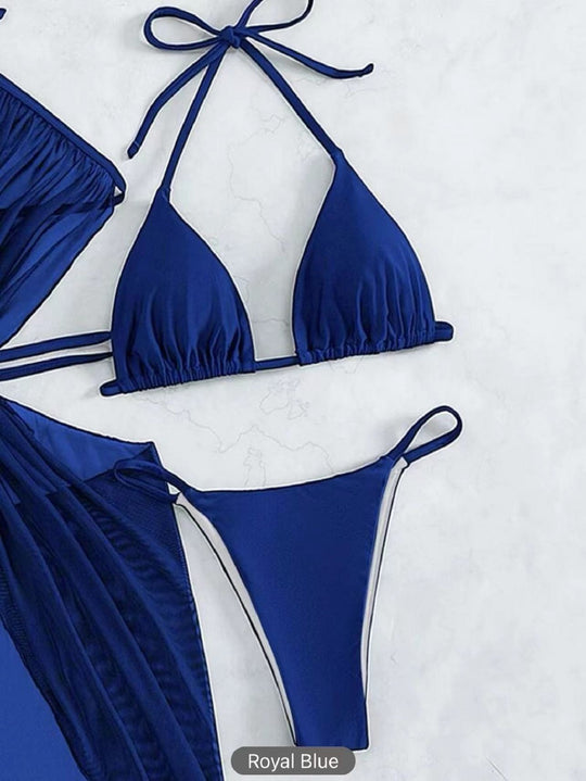 3pcs Halter Neck Bikini Beach Summer Solid Color Split Swimsuit Womens Clothing - Onouthati