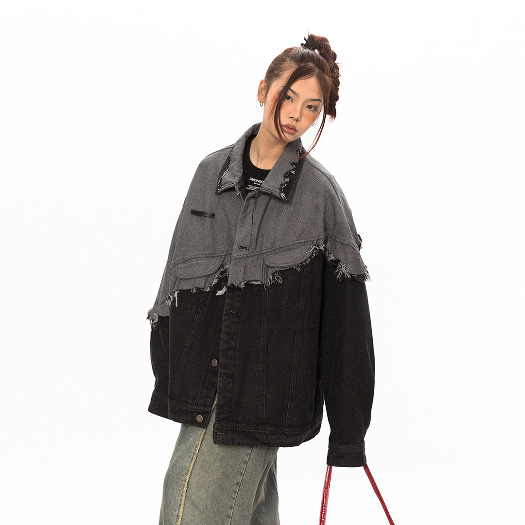 Stitching Design Contrast Color Damage Denim Coat - Onouthati
