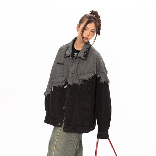 Stitching Design Contrast Color Damage Denim Coat - Onouthati
