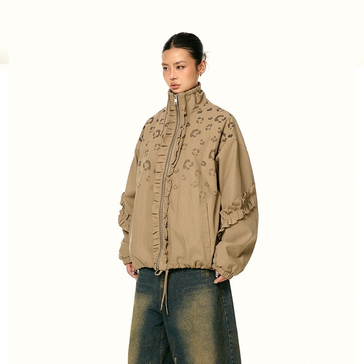 American Retro Stringy Selvedge Stand Collar Leopard Print Coat - Onouthati