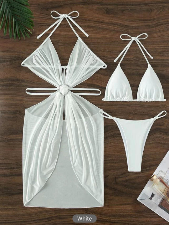3pcs Halter Neck Bikini Beach Summer Solid Color Split Swimsuit Womens Clothing - Onouthati