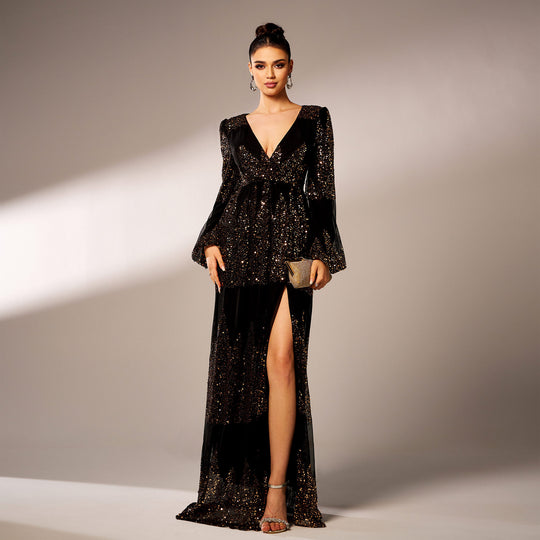 Long Sleeve V-neck Sexy Long Sequined Evening Dress - Onouthati