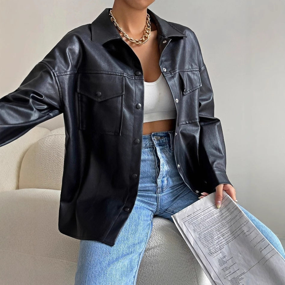 Single-breasted Solid Color Pocket PU Fashion Casual Jacket Top - Onouthati