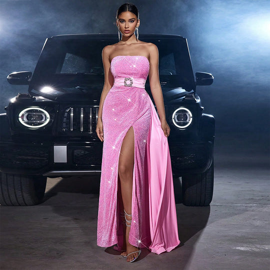 Velvet Sequined Cinched Waist Slim-fit Tube Top Banquet Dress - Onouthati