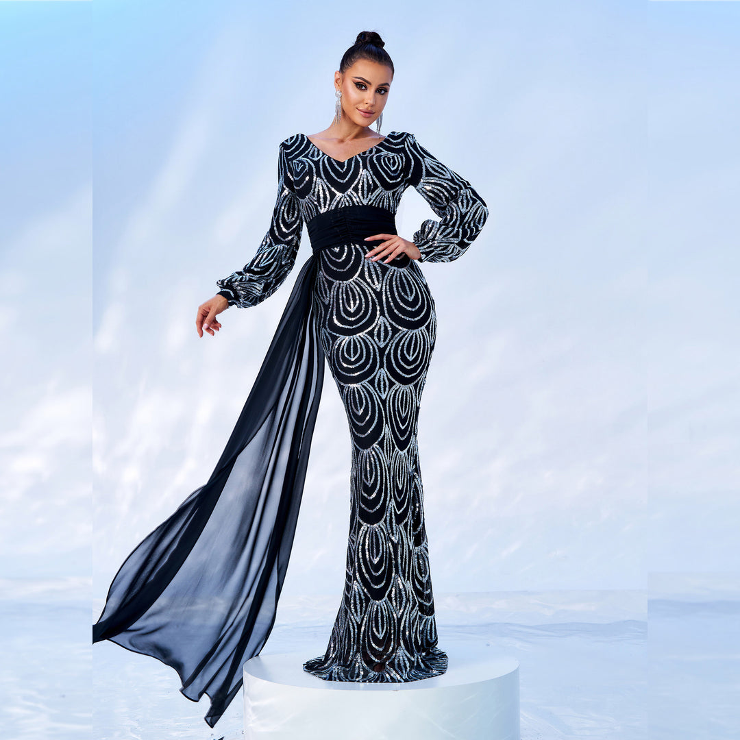 Long Sleeve Sexy Long Sequined V-neck Banquet Ribbon Evening Dress - Onouthati