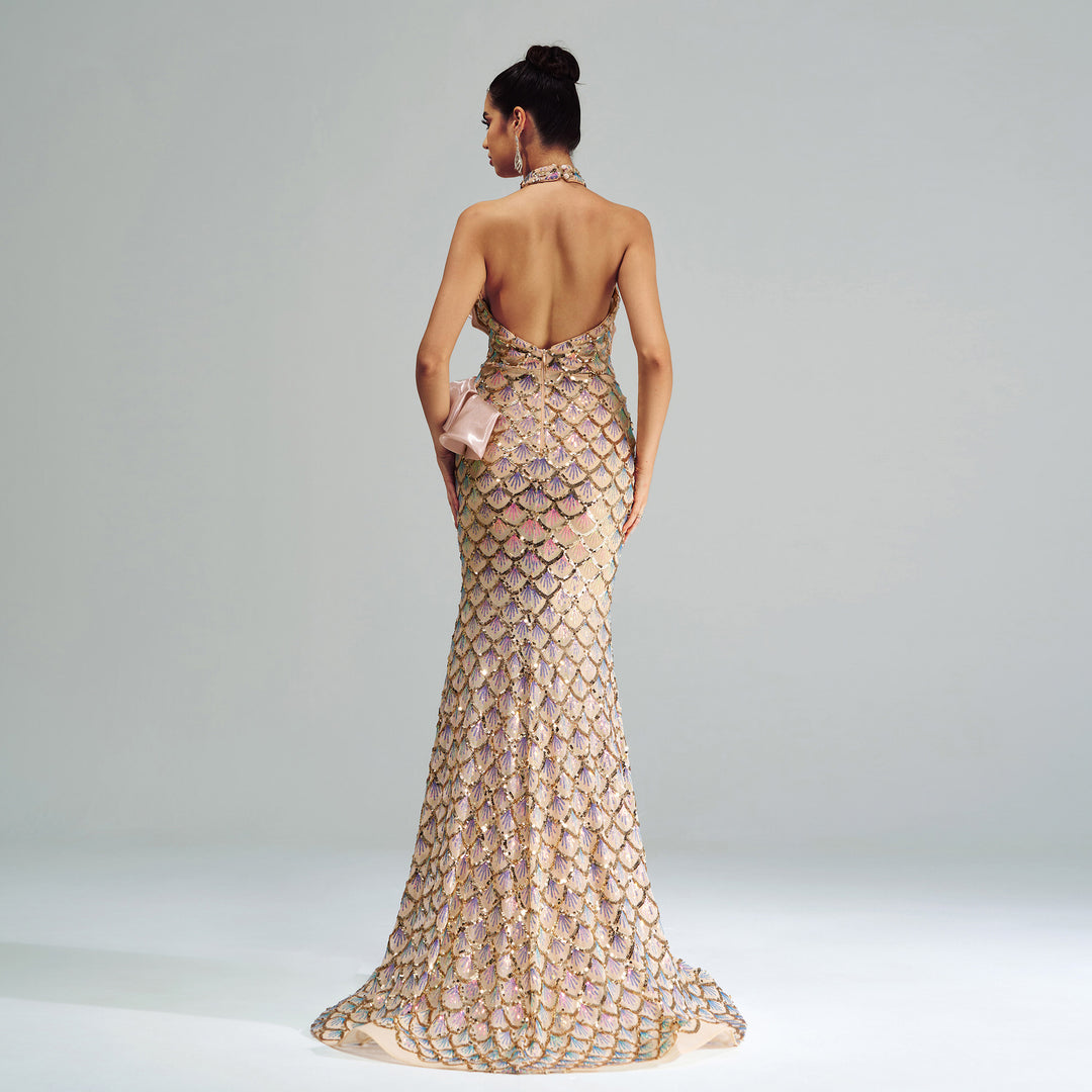 Halter Sequined Mermaid Evening Dress - Onouthati