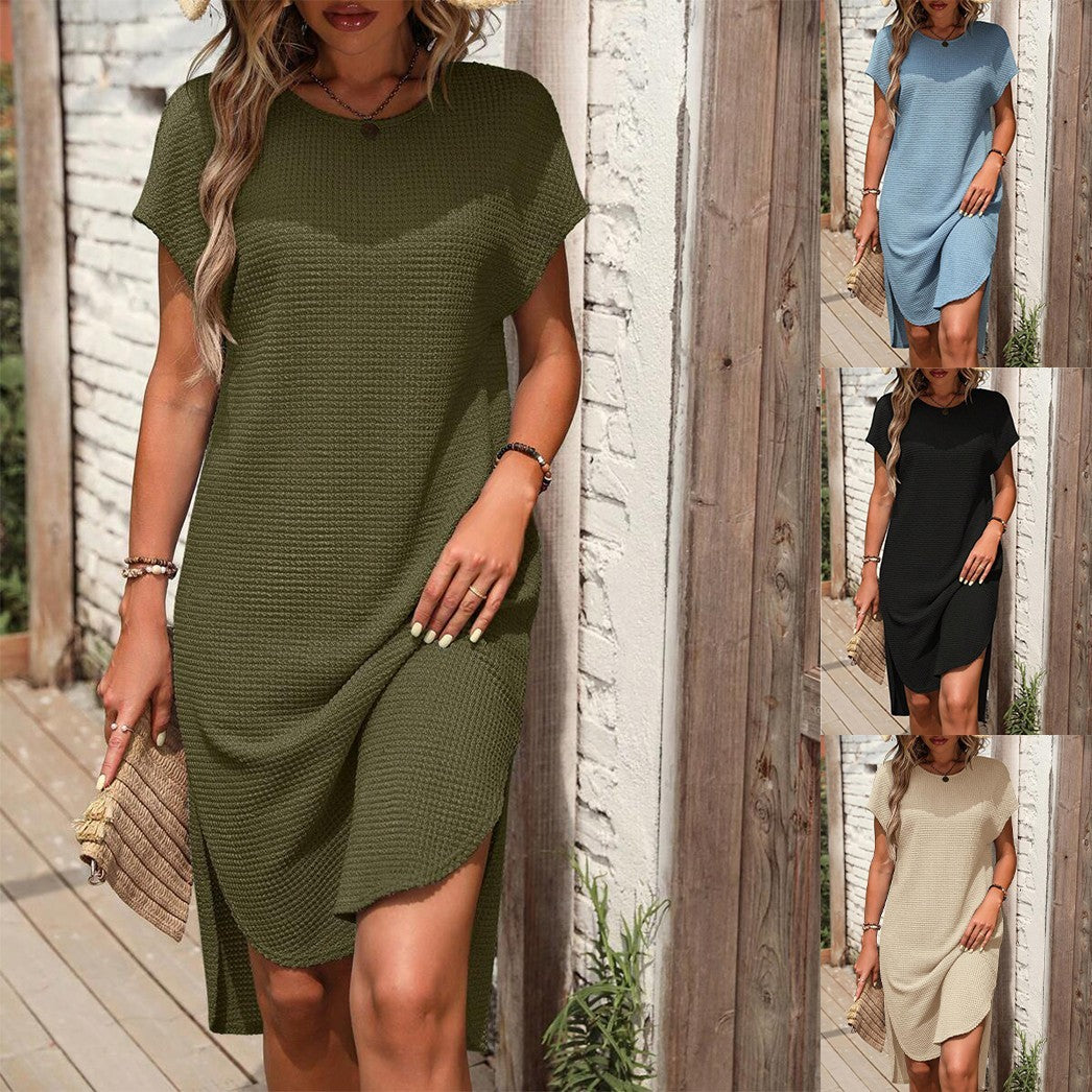 New Solid Color Casual Loose Waffle Dress Women - Onouthati