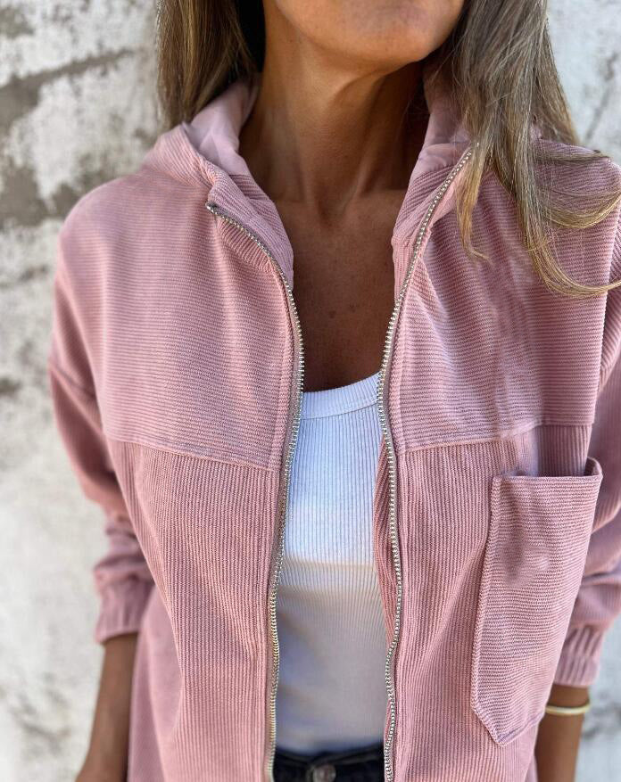 Women's Solid Color Simple Corduroy Hooded Jacket - Onouthati