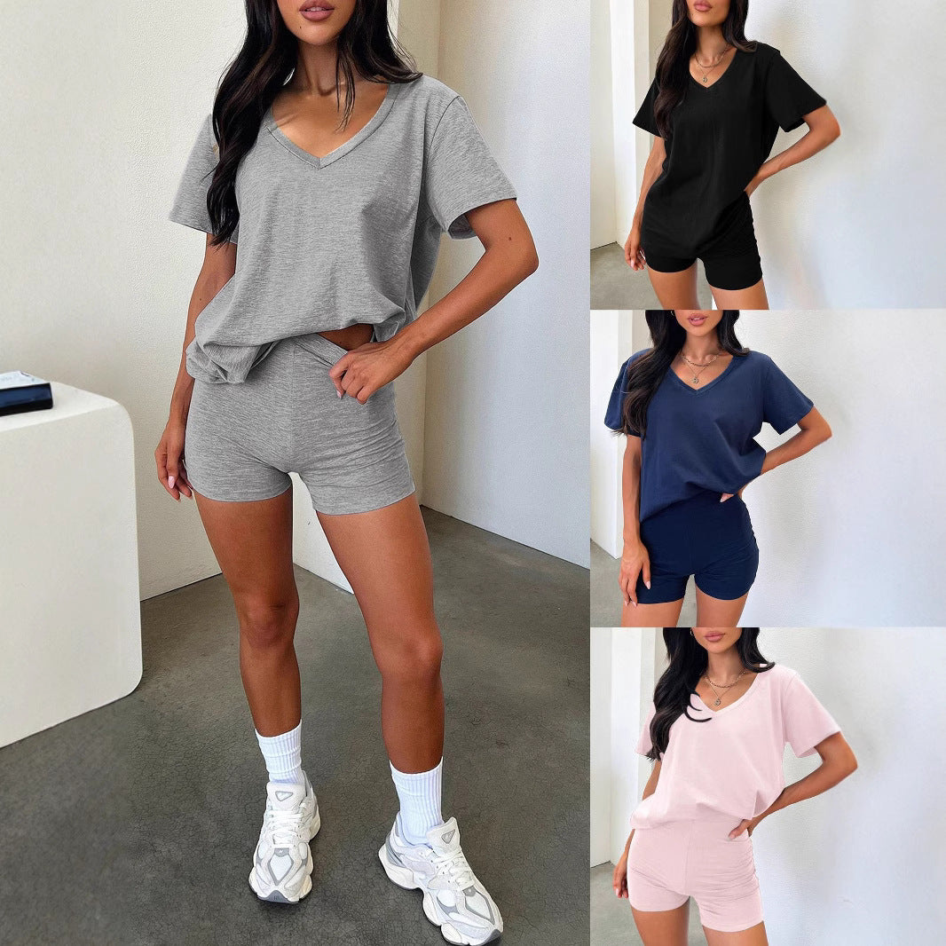 V-neck Fashion Solid Color Casual Fashion Shorts Suit Women - Onouthati
