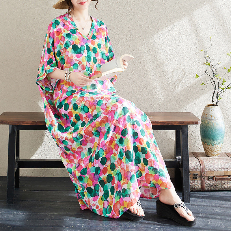 Ethnic Style V-neck Printed Striped Dress Women - Onouthati
