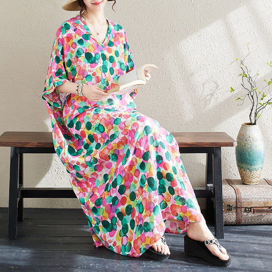Ethnic Style V-neck Printed Striped Dress Women - Onouthati