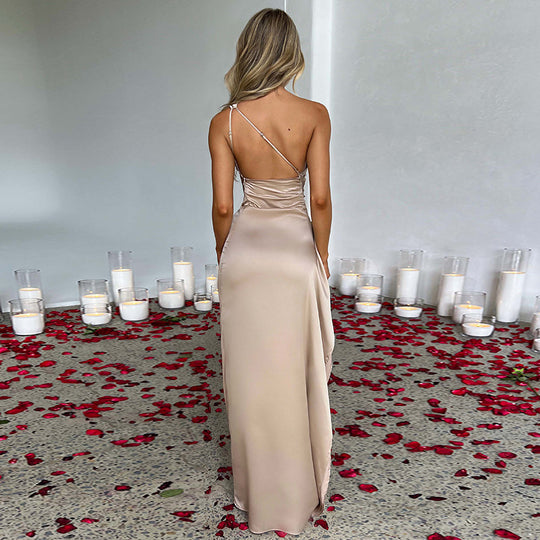 Sexy One-shoulder Backless Slit Dress Summer Elegant Slim-fit Solid Color Satin Dresses For Women - Onouthati