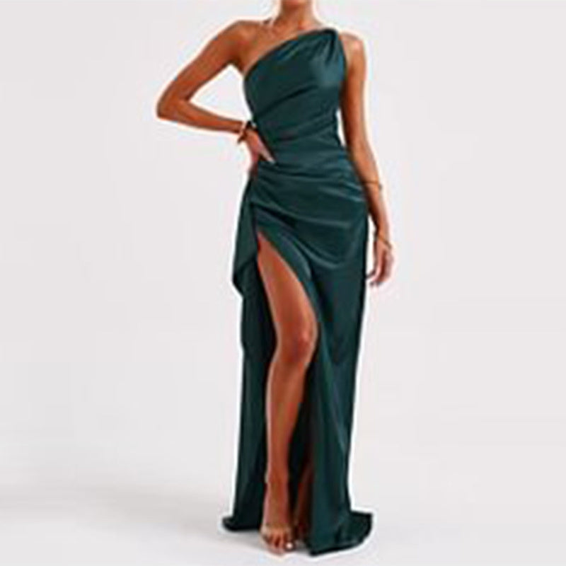 Sexy One-shoulder Backless Slit Dress Summer Elegant Slim-fit Solid Color Satin Dresses For Women - Onouthati