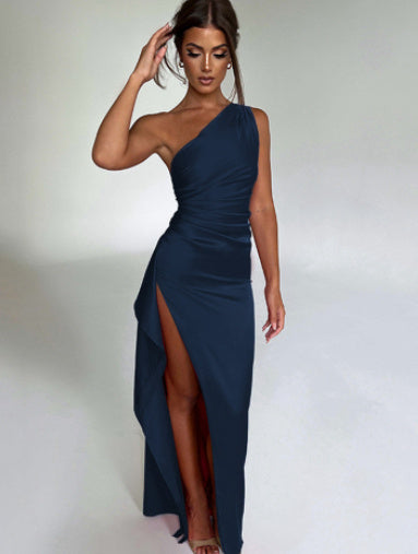 Sexy One-shoulder Backless Slit Dress Summer Elegant Slim-fit Solid Color Satin Dresses For Women - Onouthati