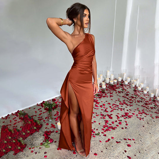 Sexy One-shoulder Backless Slit Dress Summer Elegant Slim-fit Solid Color Satin Dresses For Women - Onouthati