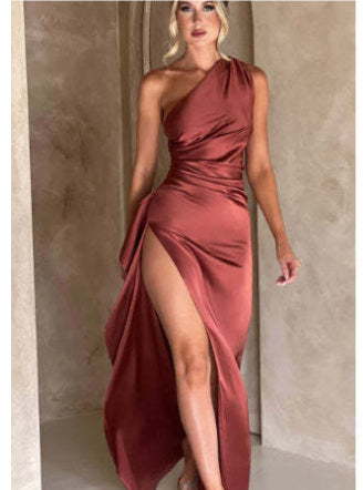 Sexy One-shoulder Backless Slit Dress Summer Elegant Slim-fit Solid Color Satin Dresses For Women - Onouthati