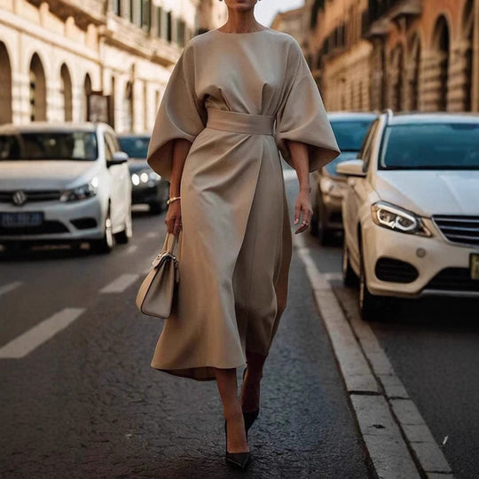 Loose Batwing Sleeve Dress Fashion Waist-tighted Solid Color Elegant Dresses For Women Clothing - Onouthati