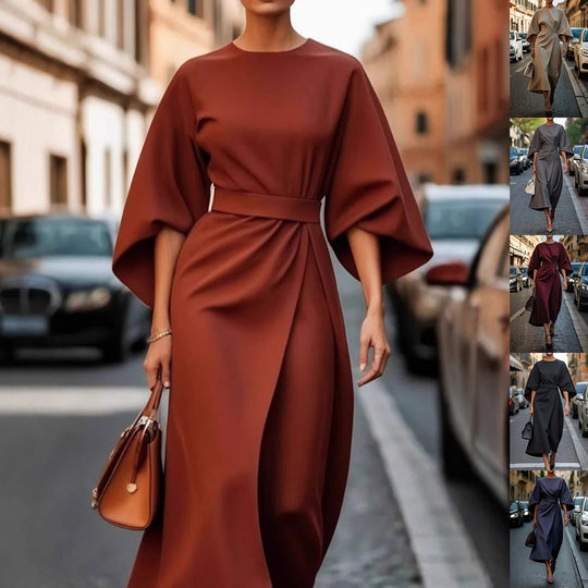 Loose Batwing Sleeve Dress Fashion Waist-tighted Solid Color Elegant Dresses For Women Clothing - Onouthati
