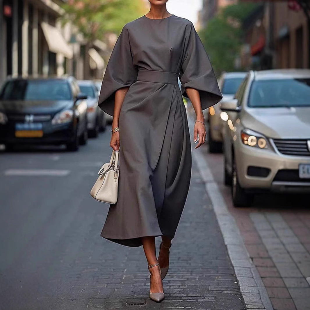 Loose Batwing Sleeve Dress Fashion Waist-tighted Solid Color Elegant Dresses For Women Clothing - Onouthati