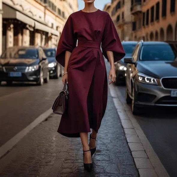 Loose Batwing Sleeve Dress Fashion Waist-tighted Solid Color Elegant Dresses For Women Clothing - Onouthati