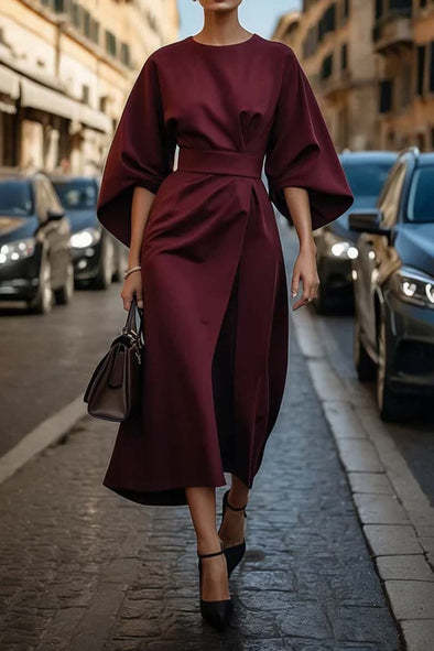 Loose Batwing Sleeve Dress Fashion Waist-tighted Solid Color Elegant Dresses For Women Clothing - Onouthati