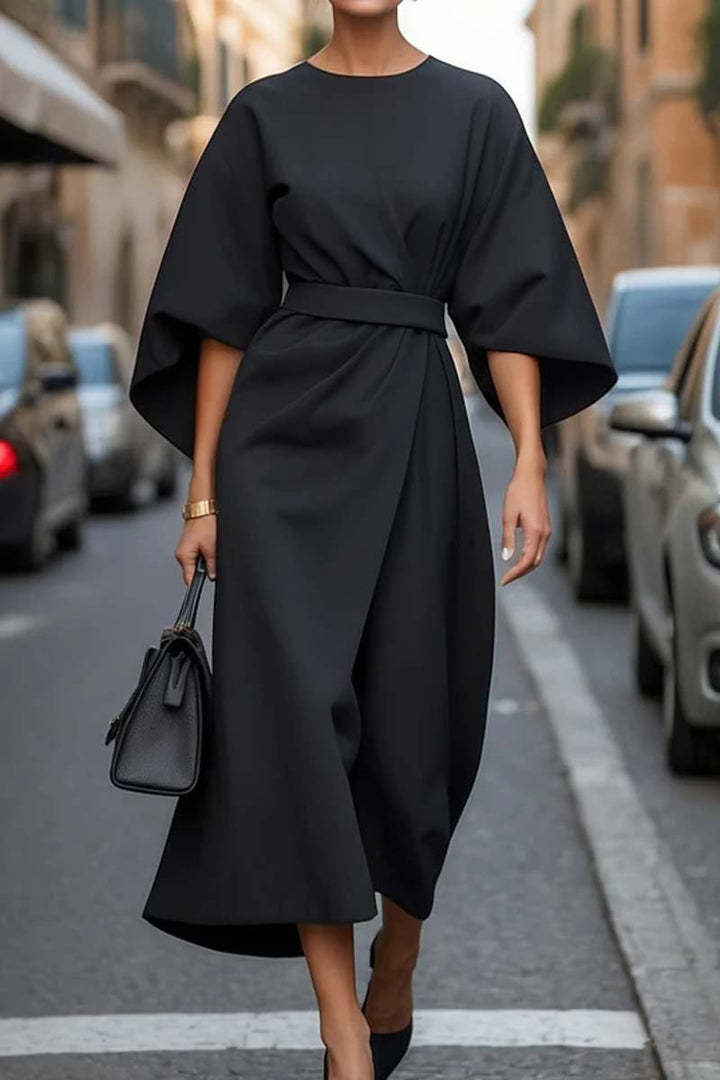 Loose Batwing Sleeve Dress Fashion Waist-tighted Solid Color Elegant Dresses For Women Clothing - Onouthati