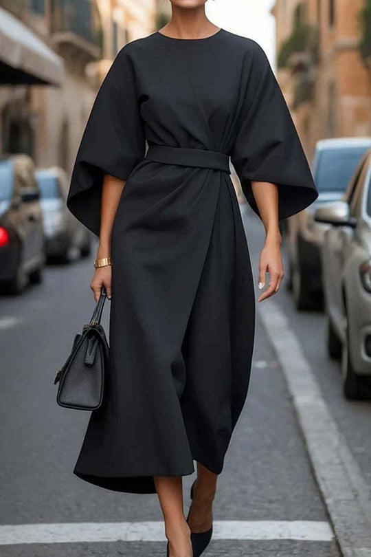 Loose Batwing Sleeve Dress Fashion Waist-tighted Solid Color Elegant Dresses For Women Clothing - Onouthati