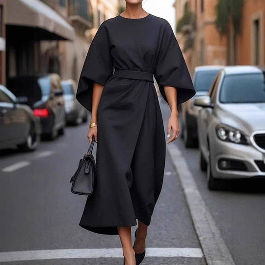 Loose Batwing Sleeve Dress Fashion Waist-tighted Solid Color Elegant Dresses For Women Clothing - Onouthati