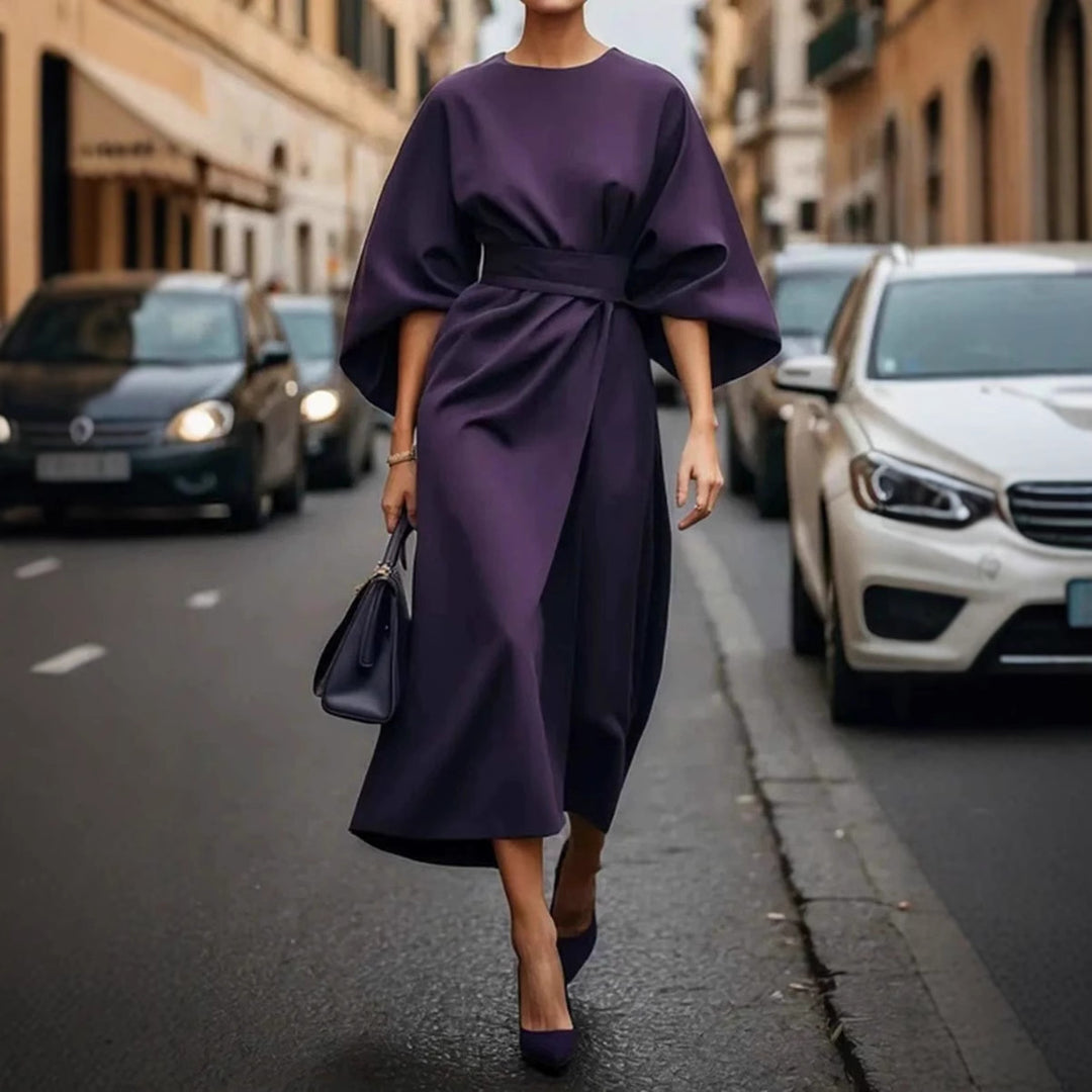 Loose Batwing Sleeve Dress Fashion Waist-tighted Solid Color Elegant Dresses For Women Clothing - Onouthati