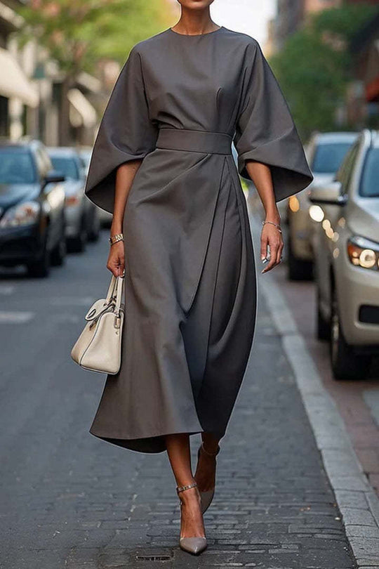 Loose Batwing Sleeve Dress Fashion Waist-tighted Solid Color Elegant Dresses For Women Clothing - Onouthati