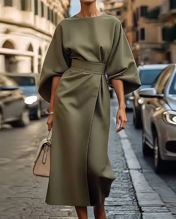 Loose Batwing Sleeve Dress Fashion Waist-tighted Solid Color Elegant Dresses For Women Clothing - Onouthati
