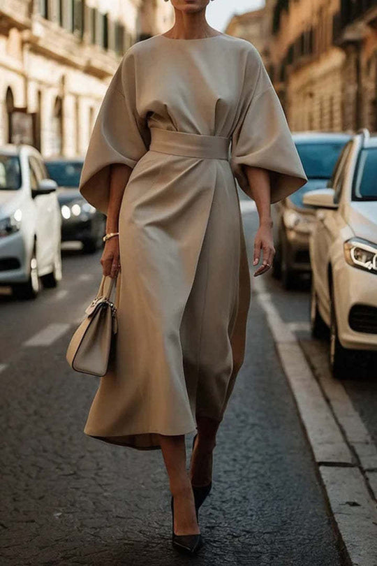 Loose Batwing Sleeve Dress Fashion Waist-tighted Solid Color Elegant Dresses For Women Clothing - Onouthati