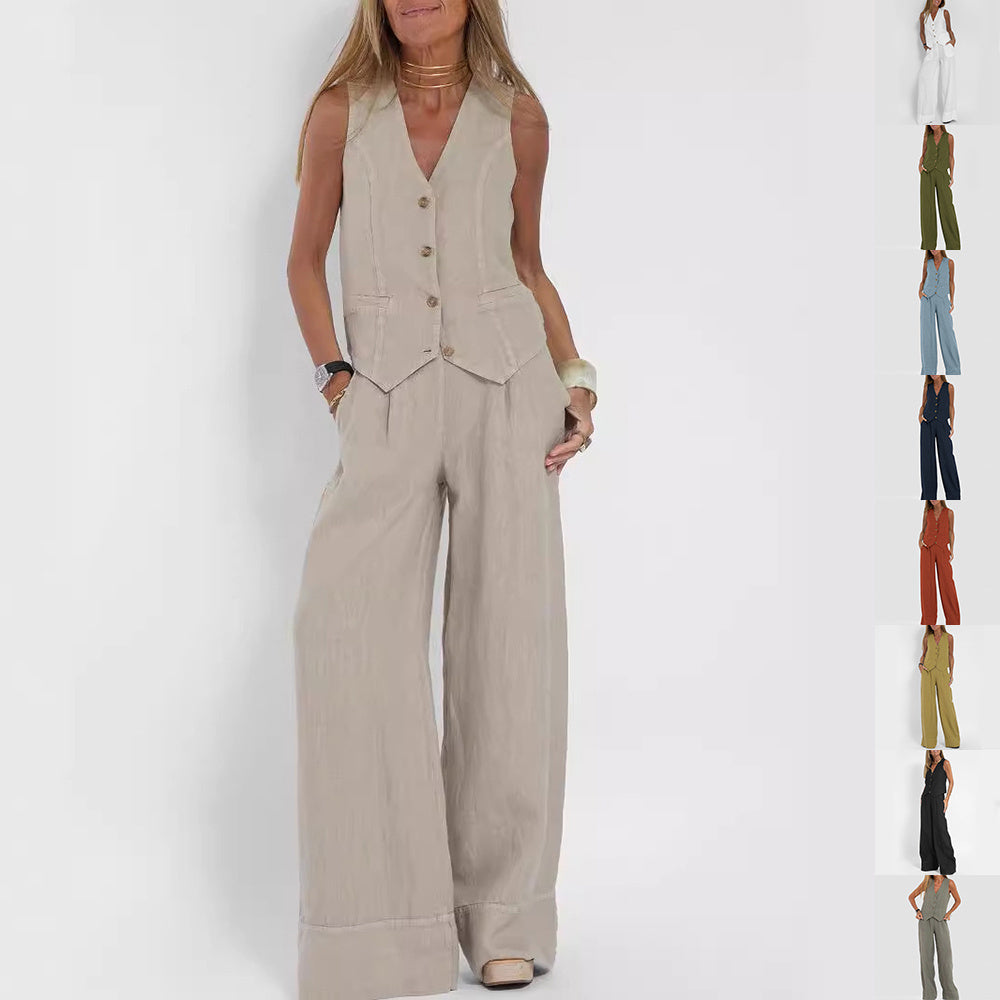 Summer Vest Suits V-neck Botton Sleeveless Top And Loose Straight Trousers Casual Womens Clothing - Onouthati