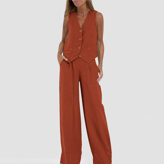 Summer Vest Suits V-neck Botton Sleeveless Top And Loose Straight Trousers Casual Womens Clothing - Onouthati