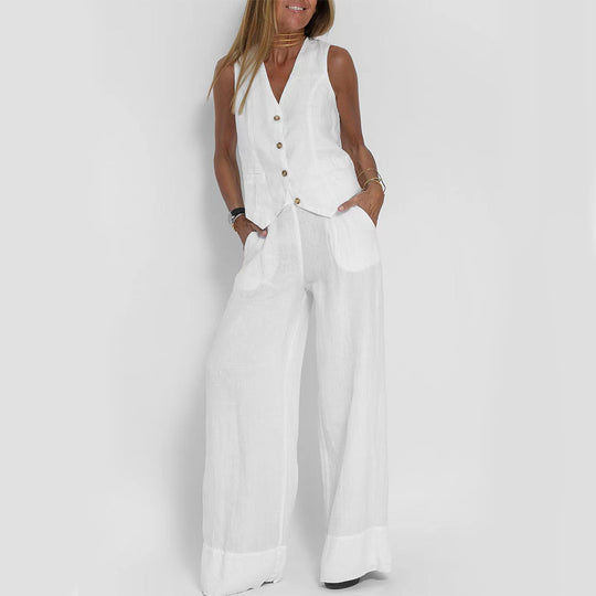 Summer Vest Suits V-neck Botton Sleeveless Top And Loose Straight Trousers Casual Womens Clothing - Onouthati