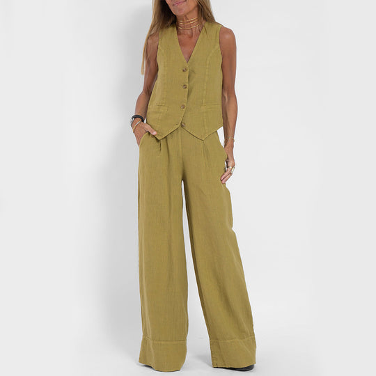 Summer Vest Suits V-neck Botton Sleeveless Top And Loose Straight Trousers Casual Womens Clothing - Onouthati
