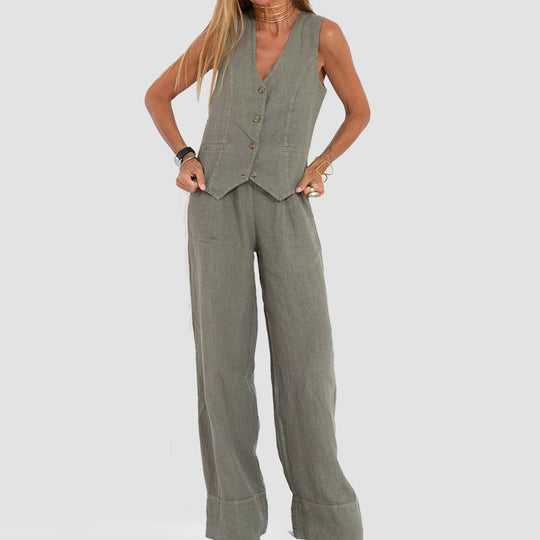 Summer Vest Suits V-neck Botton Sleeveless Top And Loose Straight Trousers Casual Womens Clothing - Onouthati