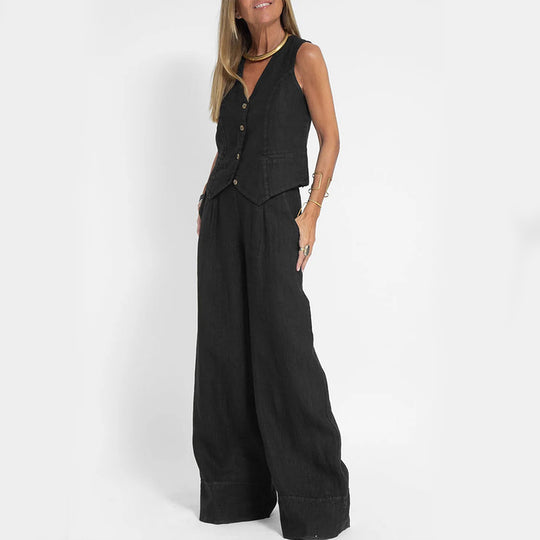 Summer Vest Suits V-neck Botton Sleeveless Top And Loose Straight Trousers Casual Womens Clothing - Onouthati