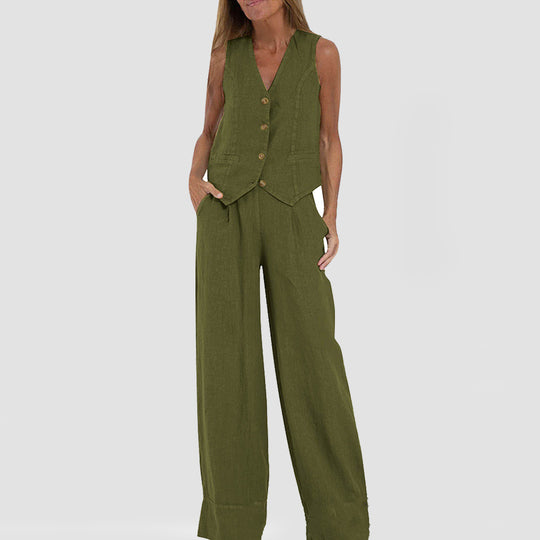Summer Vest Suits V-neck Botton Sleeveless Top And Loose Straight Trousers Casual Womens Clothing - Onouthati