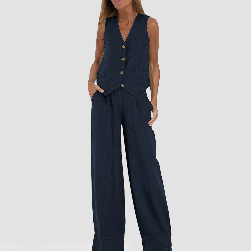 Summer Vest Suits V-neck Botton Sleeveless Top And Loose Straight Trousers Casual Womens Clothing - Onouthati