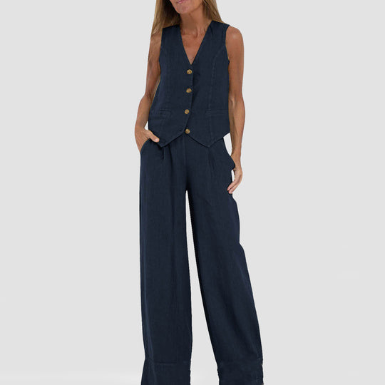 Summer Vest Suits V-neck Botton Sleeveless Top And Loose Straight Trousers Casual Womens Clothing - Onouthati