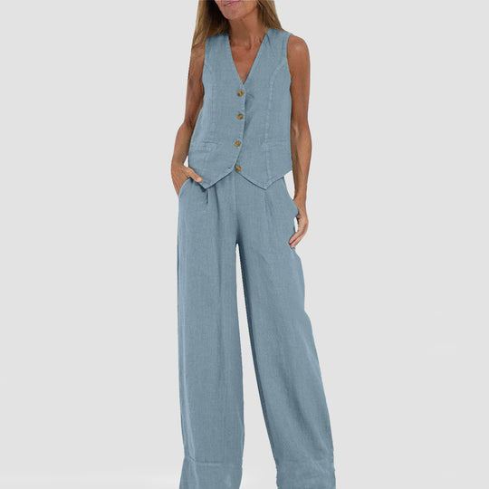Summer Vest Suits V-neck Botton Sleeveless Top And Loose Straight Trousers Casual Womens Clothing - Onouthati
