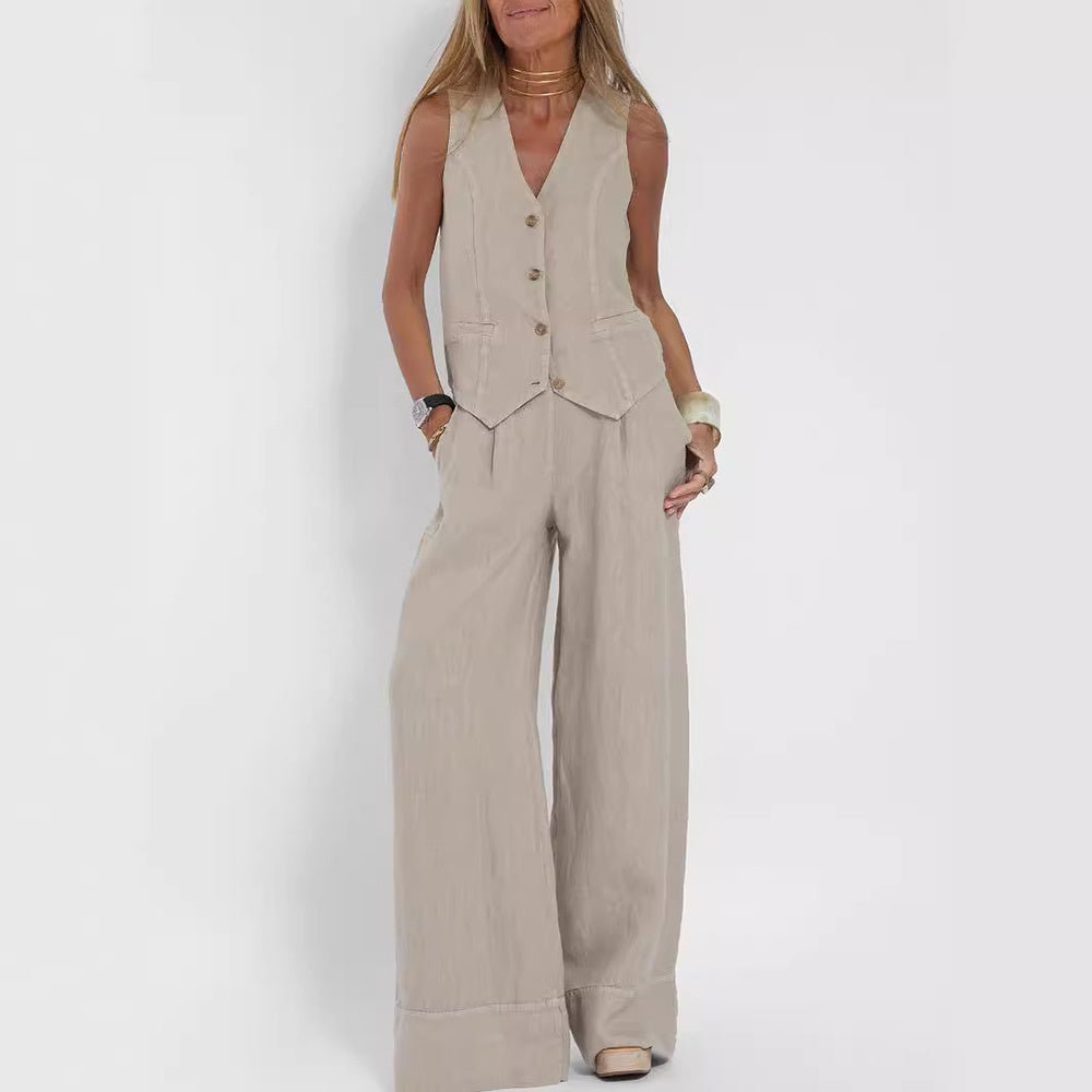 Summer Vest Suits V-neck Botton Sleeveless Top And Loose Straight Trousers Casual Womens Clothing - Onouthati