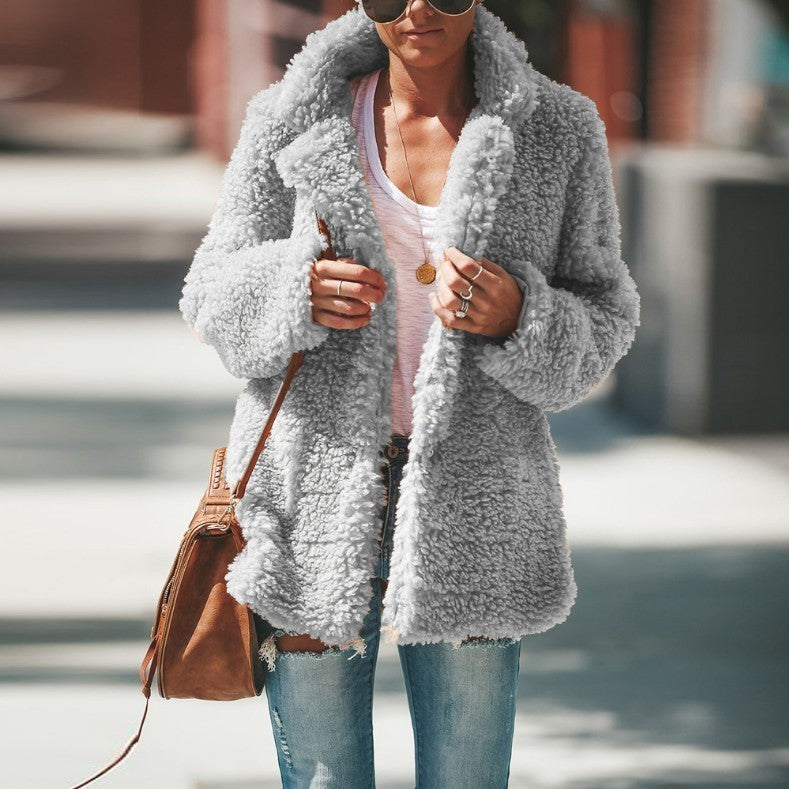 Lapel Long Sleeve Fluffy Furry Faux Fur Jackets Woman Overcoat - Onouthati