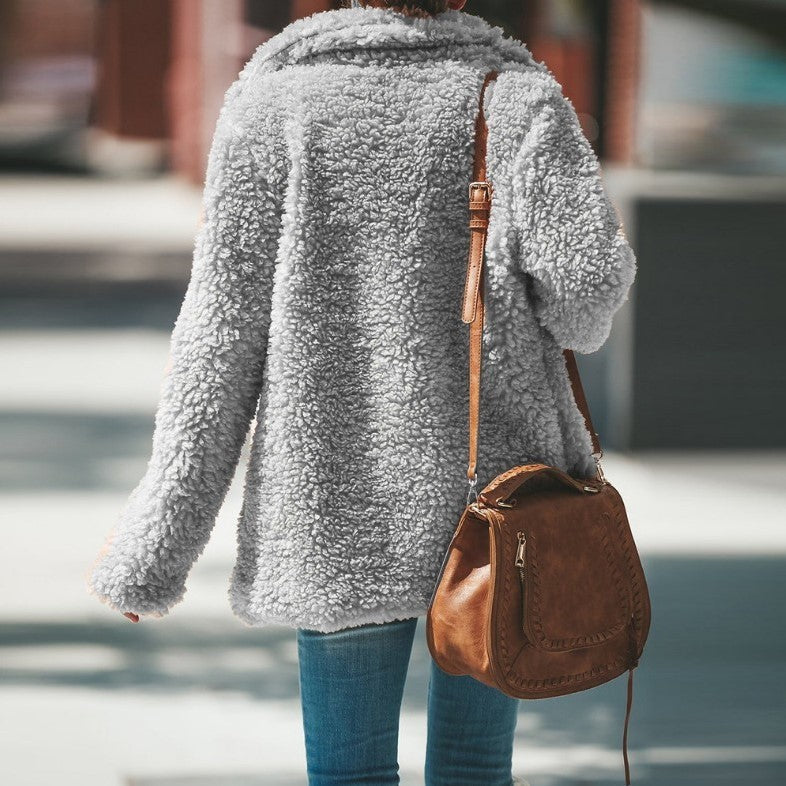 Lapel Long Sleeve Fluffy Furry Faux Fur Jackets Woman Overcoat - Onouthati