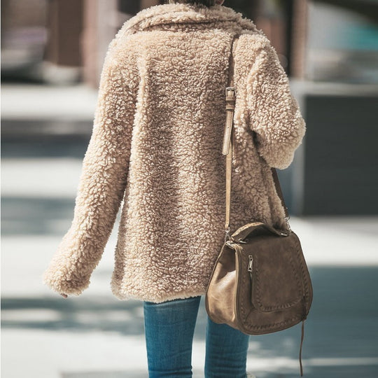 Lapel Long Sleeve Fluffy Furry Faux Fur Jackets Woman Overcoat - Onouthati
